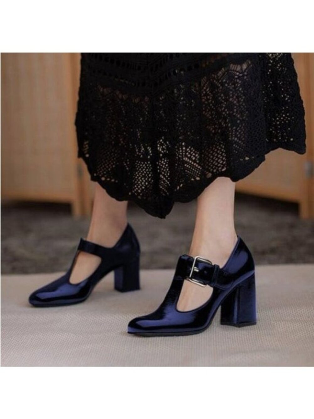 FOWT Navy Fashion Closed Square Toe T-Strap Pumps Chunky High Heels Office Shoes